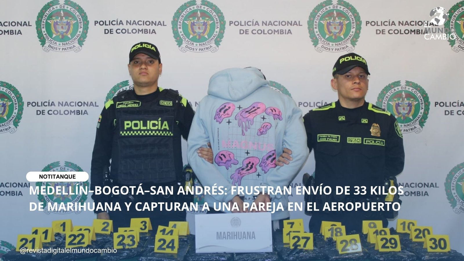 MEDELLÍN–BOGOTÁ–SAN ANDRÉS: FRUSTRAN ENVÍO DE 33 KILOS DE MARIHUANA Y CAPTURAN A UNA PAREJA EN EL AEROPUERTO