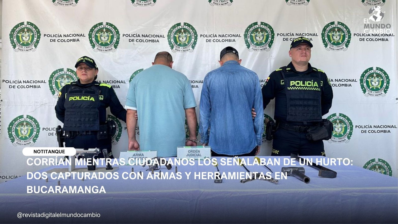 CORRÍAN MIENTRAS CIUDADANOS LOS SEÑALABAN DE UN HURTO: DOS CAPTURADOS CON ARMAS Y HERRAMIENTAS EN BUCARAMANGA